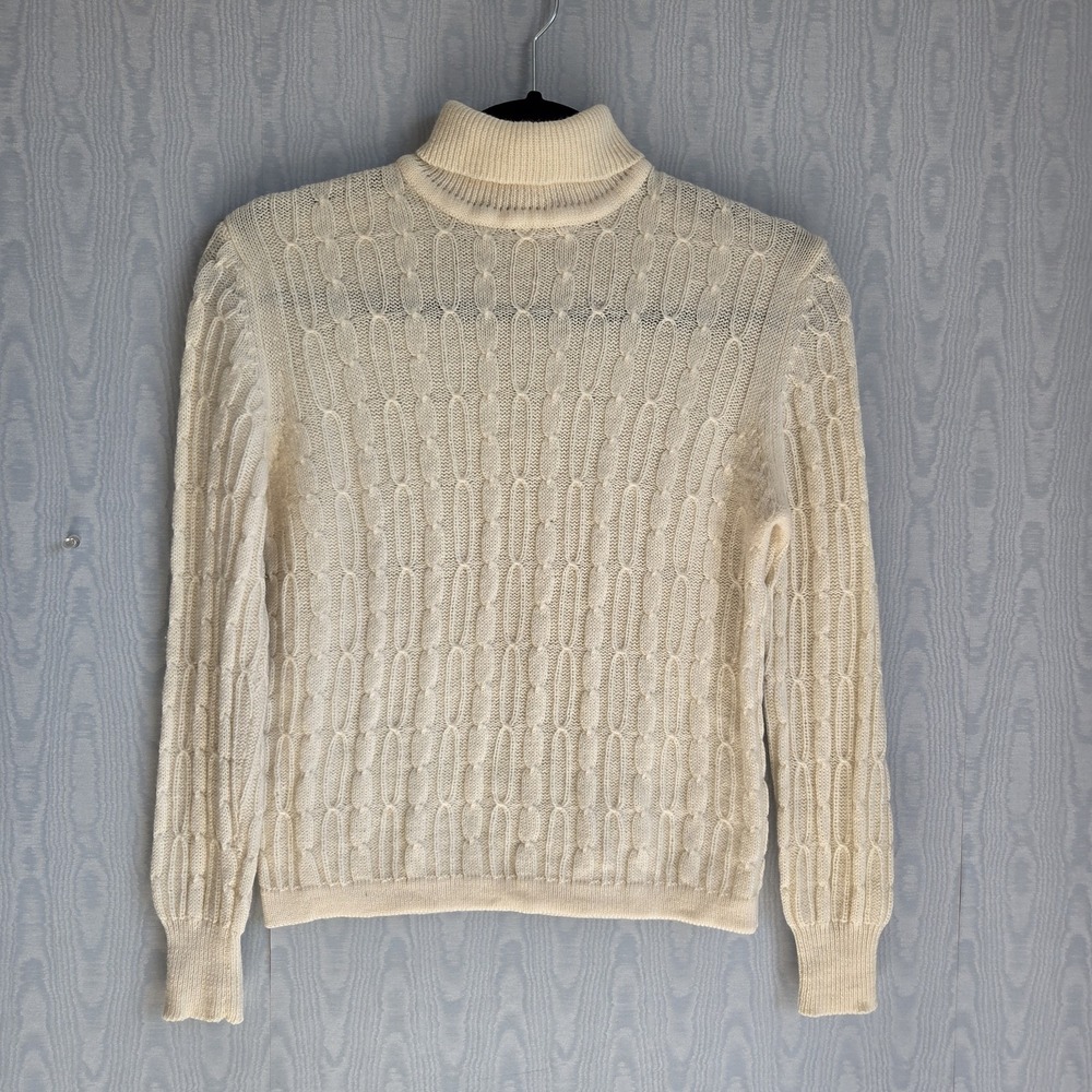 Vtg 60s Womens Small 100% Wool Carol Brent‎ Cable Knit Ivory Turtleneck Sweater